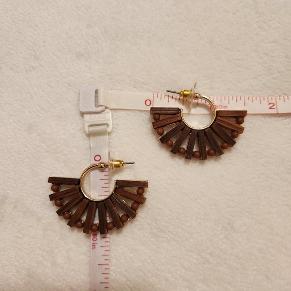 Brown Wood Slat/Bead Half Hoop Gold Tone Earrings - Picture 7 of 8